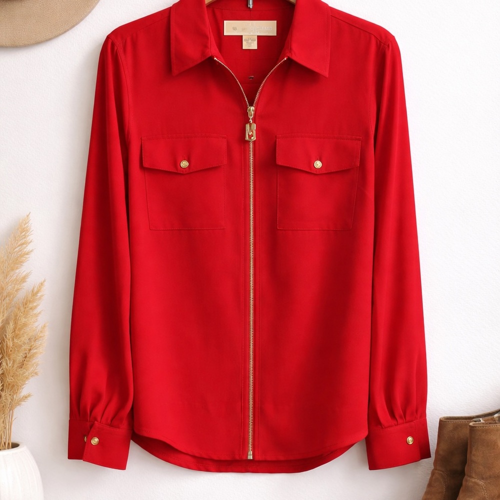 Michael Kors Red Zip-Front Shirt Jacket with Gold Hardware